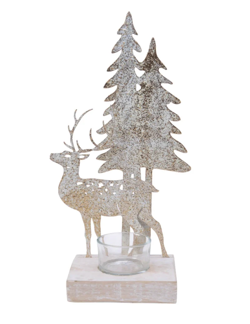 Kerzenständer aus Metall mit Hirsch und Tannenbäumen, 27 cm, mit Holzsockel