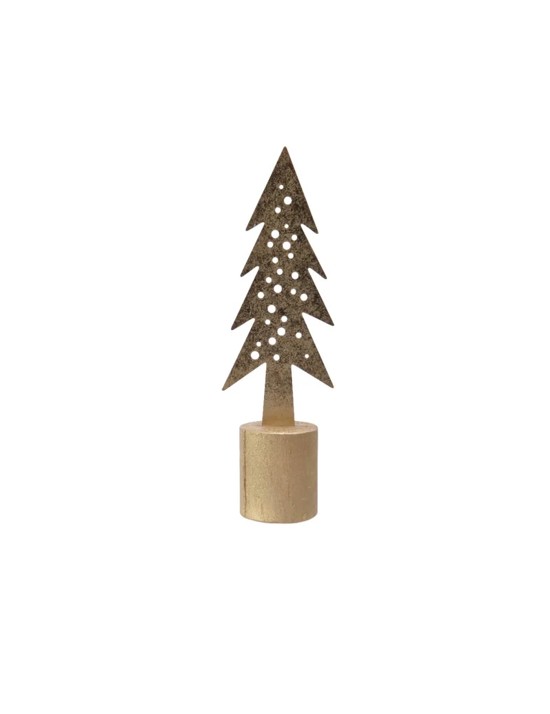 Dekoration Tannenbaum aus Goldfarbenem Eisen auf Holzsockel 29 cm
