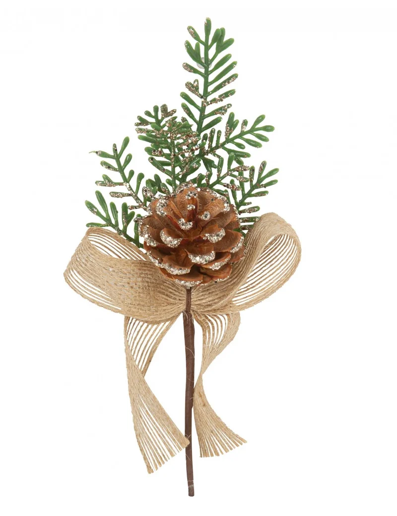 Tannenzweig mit Kiefernzapfen und Juteband mit Glitzer, 23 cm, Weihnachtsdeko