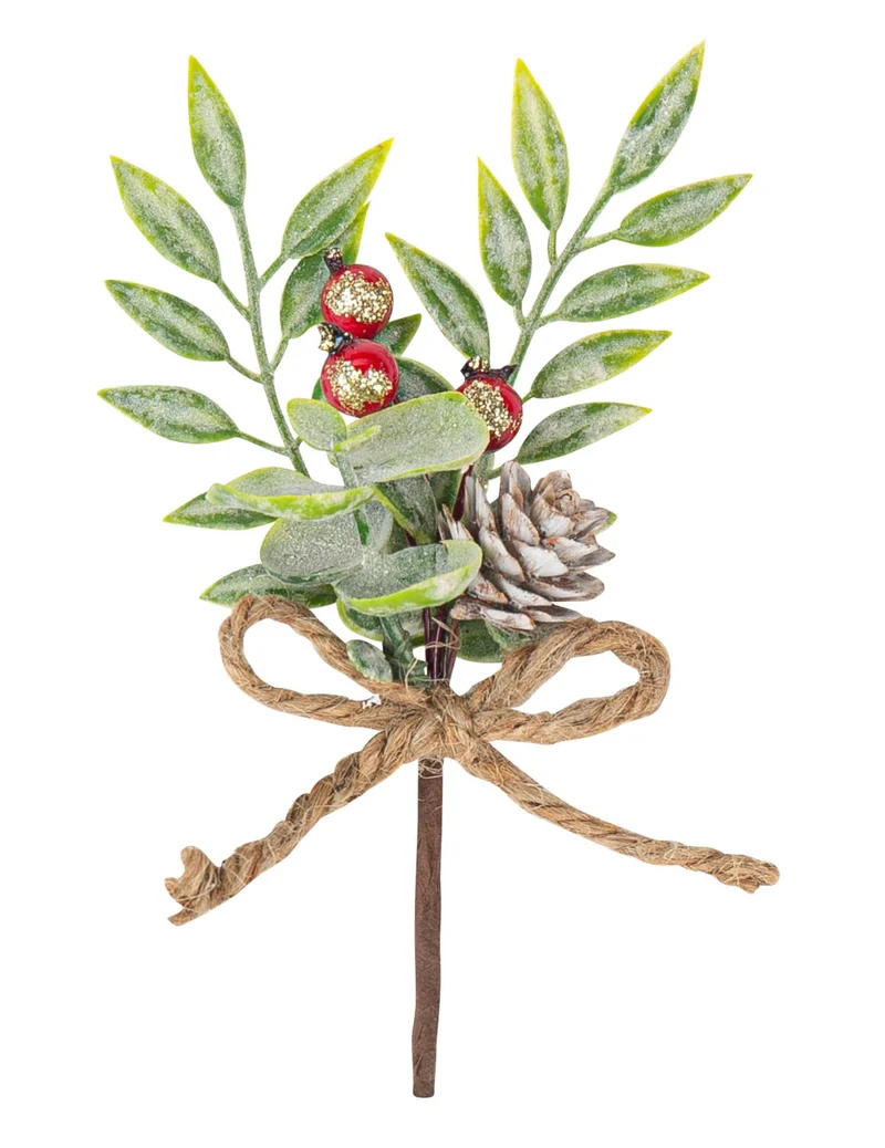 Ast mit Blättern, Tannenzapfen und roten Beeren, 15 cm, Weihnachtsdekoration