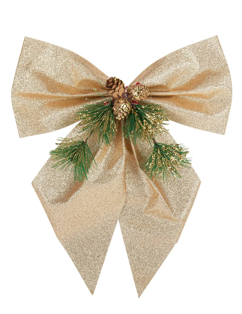Nœud paillettes champagne sapin et pommes de pin 24 x 28 cm