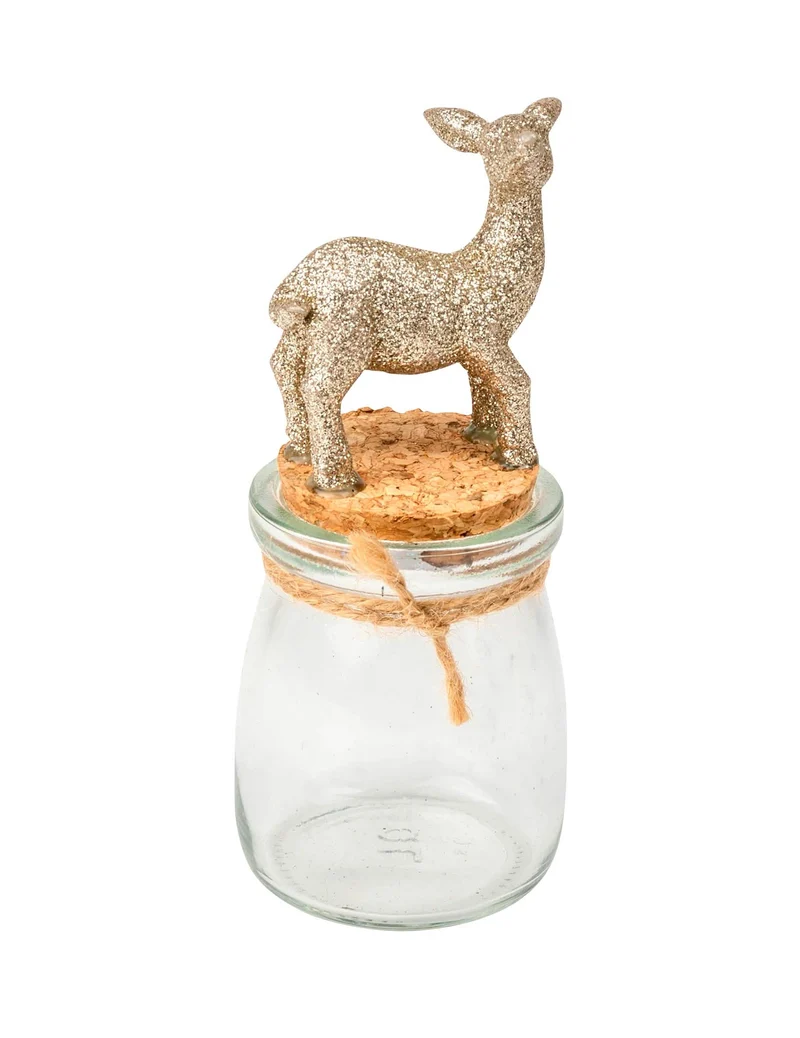 Glasgefäß mit Korkverschluss und Glitzer-Rehkitz 13 cm, Weihnachtsdeko