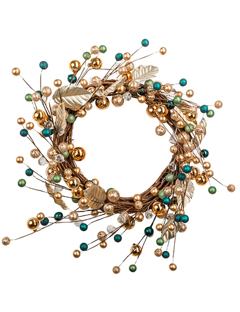 Dekorative Krone mit Zweigen und Glitzerkugeln 40 cm golden