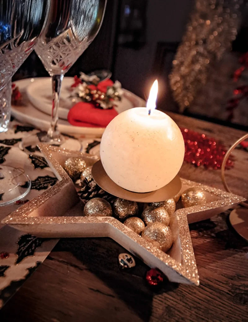 Hölzerner Tischaufsatz Kerzenhalter Stern Goldglitzer 24,5 cm für Weihnachten