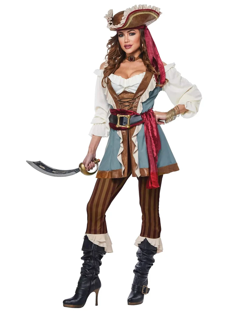 Stilvolles Piratinnen-Damenkostüm für Karneval Freibeuterin braun-blau-weiss