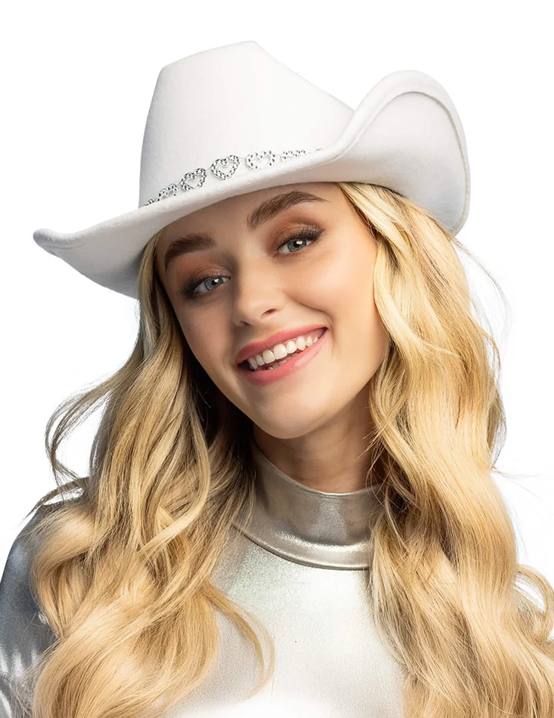 Weißer Cowboyhut mit glänzenden Herzen für Erwachsene
