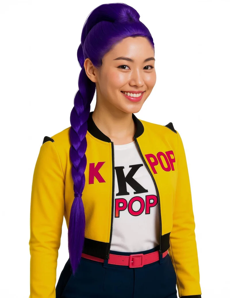 K-Pop Perücke mit lila Zopf für Erwachsene