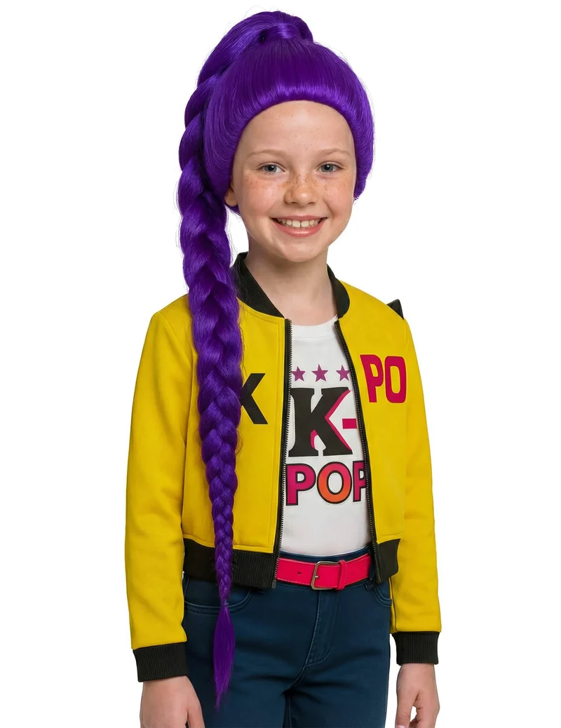 Kpop Perücke mit lila Zopf für Kinder