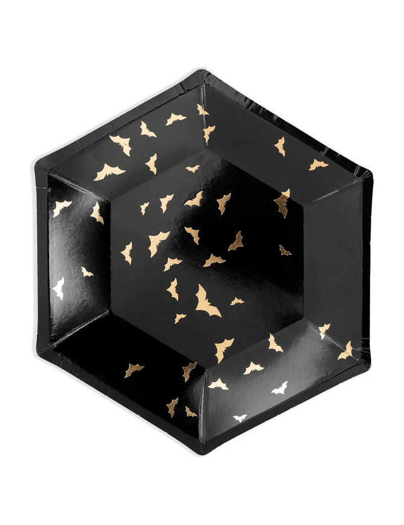 6 schwarze und goldene Fledermaus-Pappteller 20 cm sechseckig