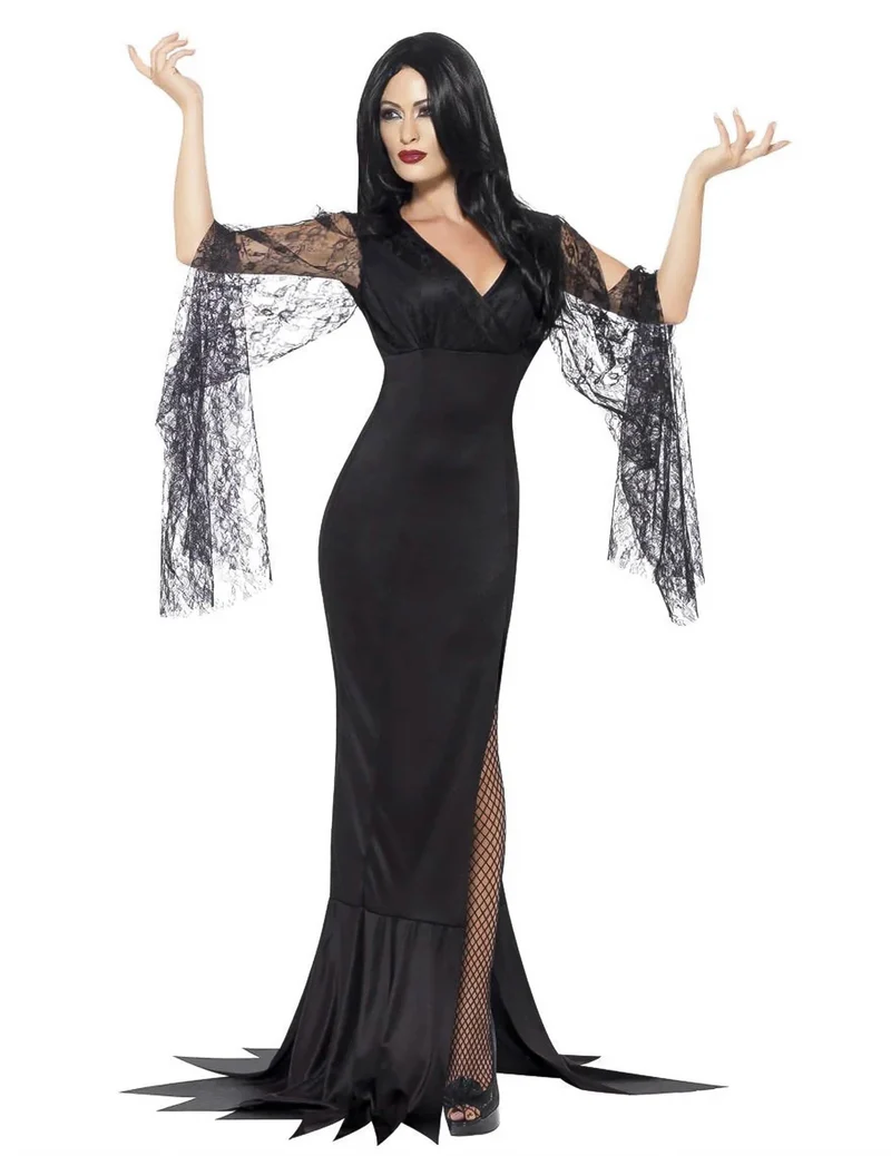 Halloween Hexen-Kostüm mit schwarzer Spitze für Frauen