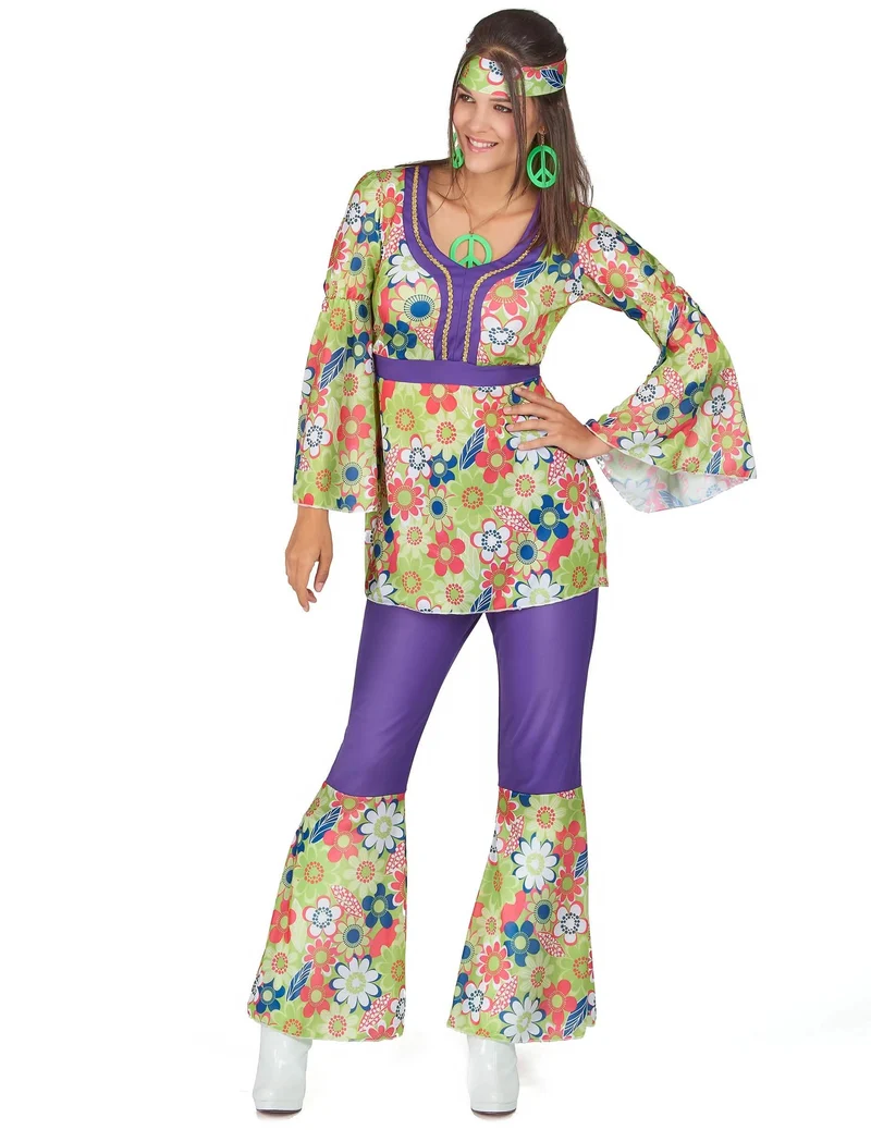 Hippiekostüm für Damen violett-grün-rot