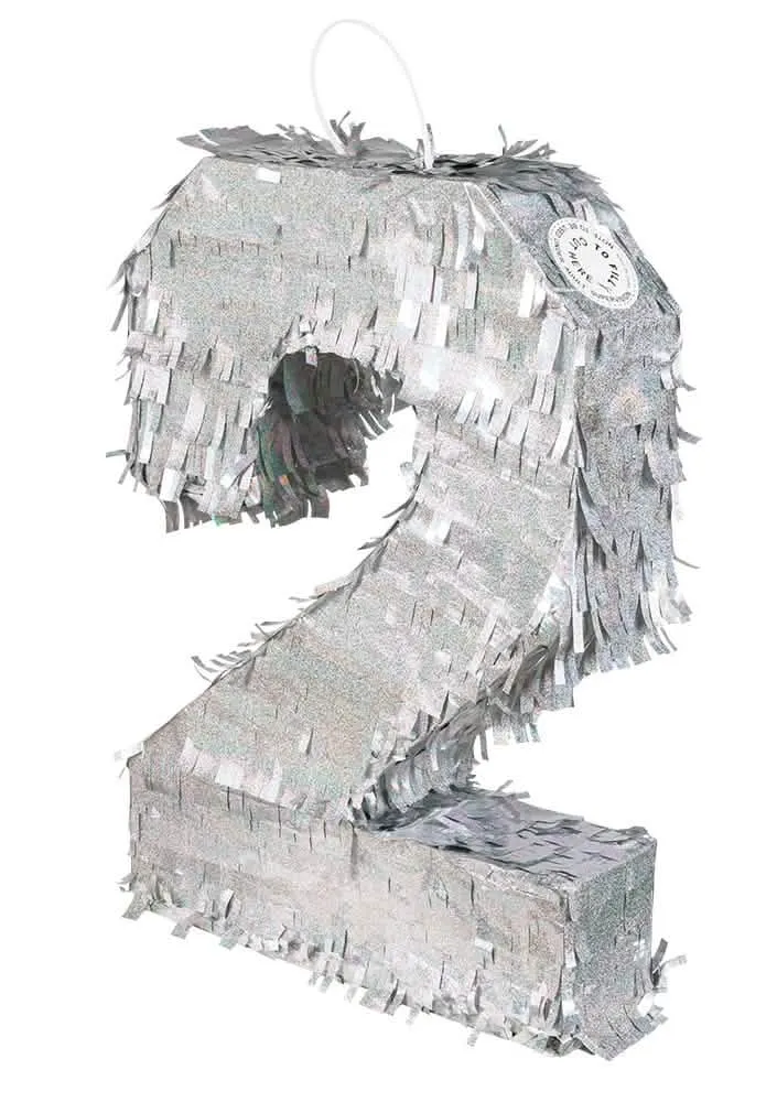 Holografische silberne Zahl 2 Piñata 40 x 28 x 8 cm für Geburtstag
