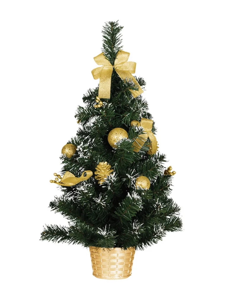 Stehender künstlicher Weihnachtsbaum 60 cm mit goldenen Dekorationen, beschneit