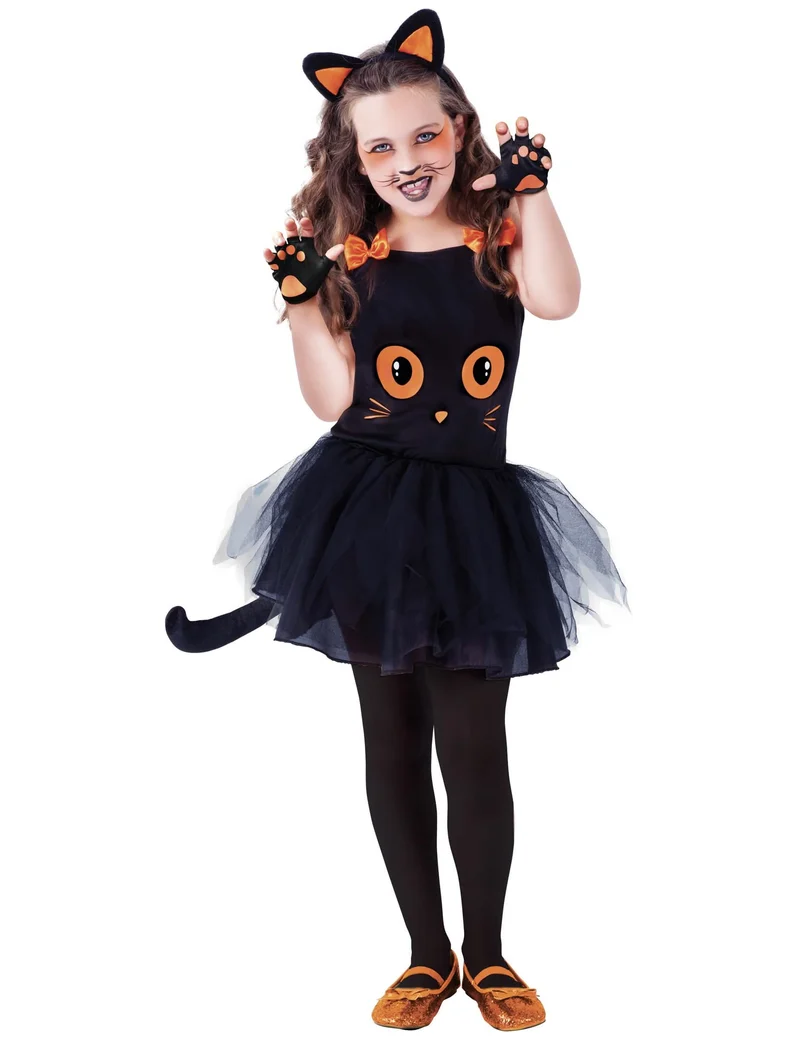 Niedliches Katzen-Kostüm Halloween-Verkleidung für Mädchen schwarz-orange