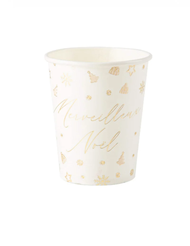 8 wunderbare weiße und goldene Weihnachtsbecher 255 ml aus Pappe