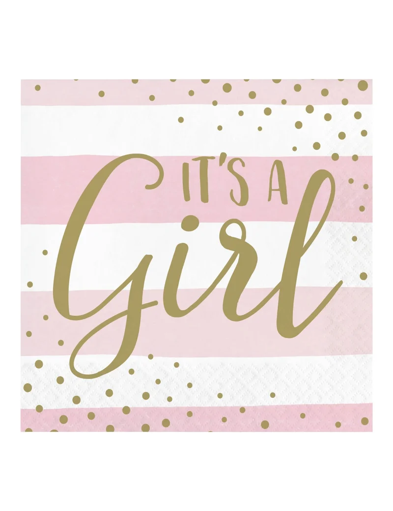 16 "It's a Girl" Papier-Servietten, rosa-weiß mit goldenen Punkten, 33 x 33 cm für Babyparty