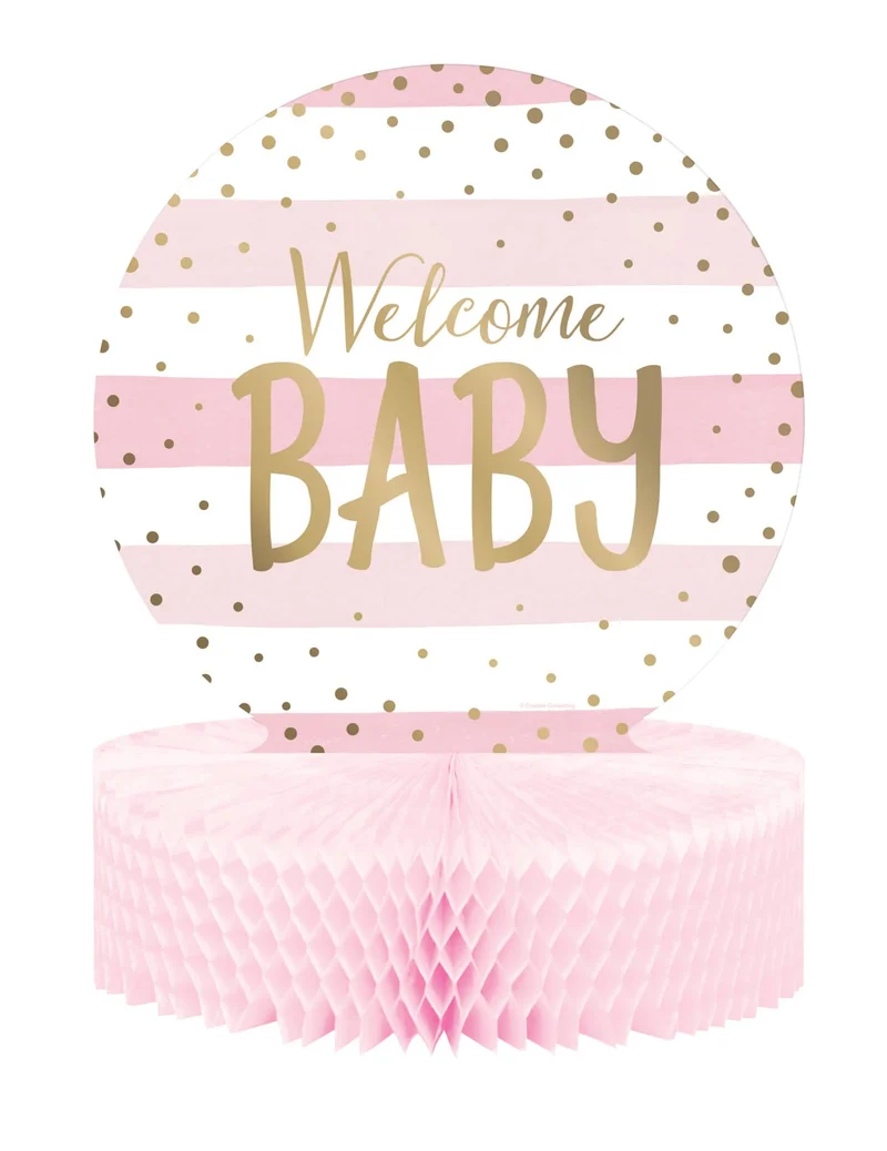 Rosa und weißer Waben-Tischaufsteller "Welcome Baby"