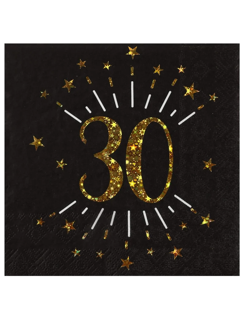 10 Papier-Servietten "Happy Birthday 30" Schwarz-Gold mit Sternen