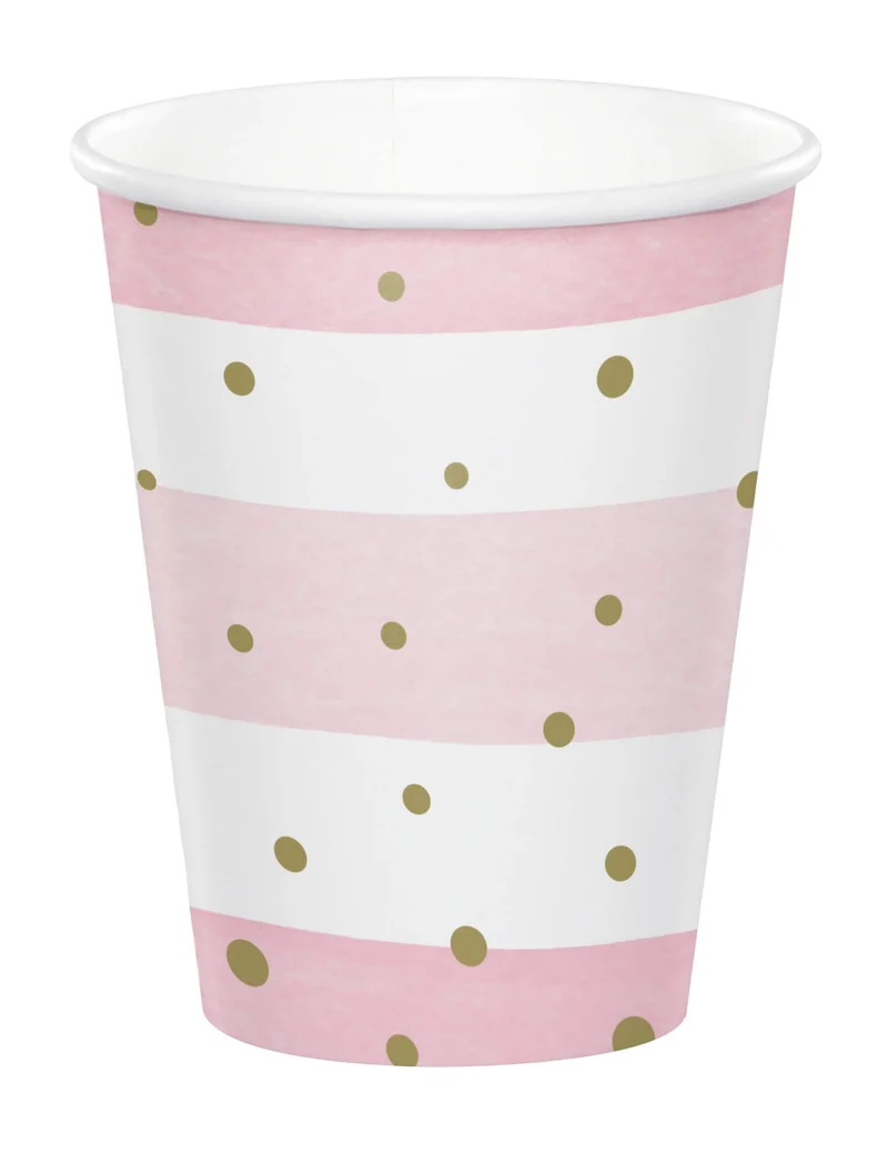 8 rosa-weiße Pappbecher mit goldenen Punkten 256 ml für Babyparty