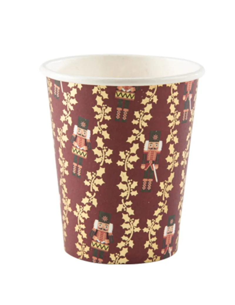 8 festliche Nussknackerbecher 255 ml aus burgunderfarbenem Karton