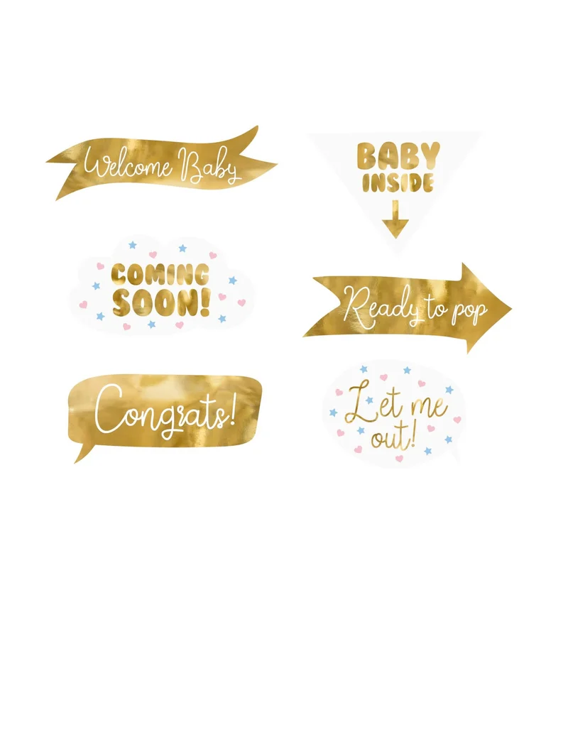 Photobooth Kit Baby Shower Weiß und Gold 6-teilig, festliche Accessoires