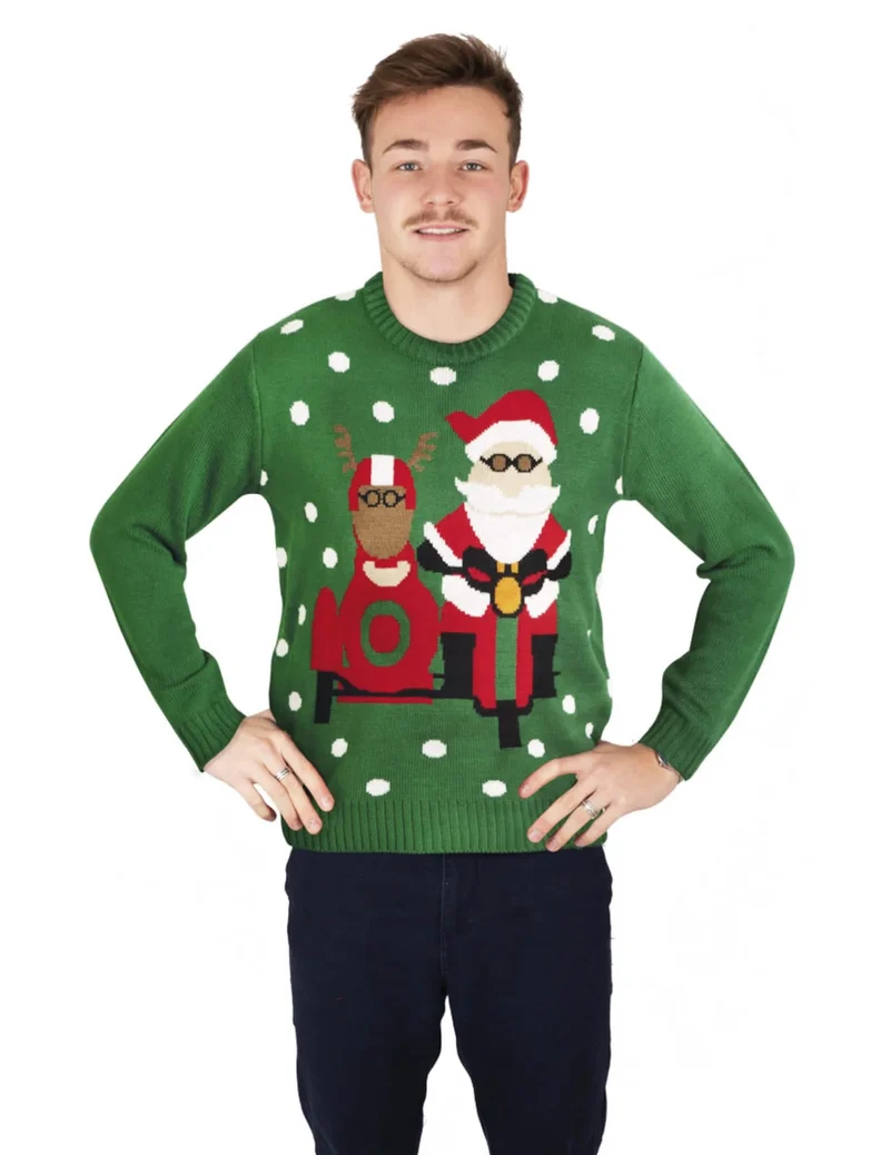 Weihnachts-Pullover Biker-Motiv für Erwachsene grün-rot-weiß