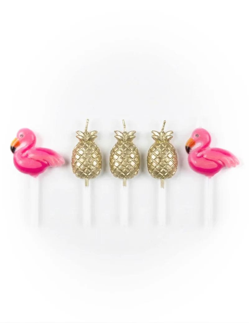 5 Flamingo- und goldene Ananas-Kerzen auf Stäbchen 8 cm für Kuchen