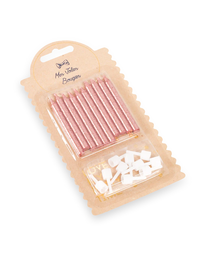 10 roségoldene Glitzer-Geburtstagskerzen mit Haltern, 6 cm
