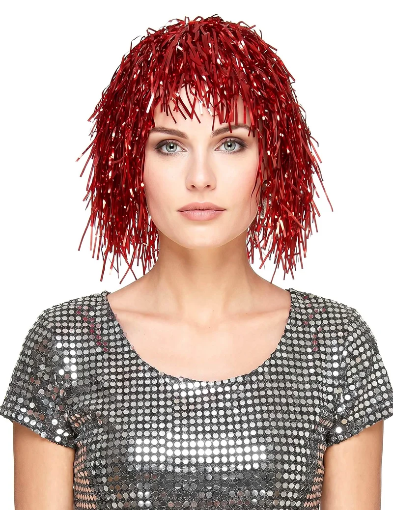 Metallic-Perücke mit Lametta-Fransen für Erwachsene rot