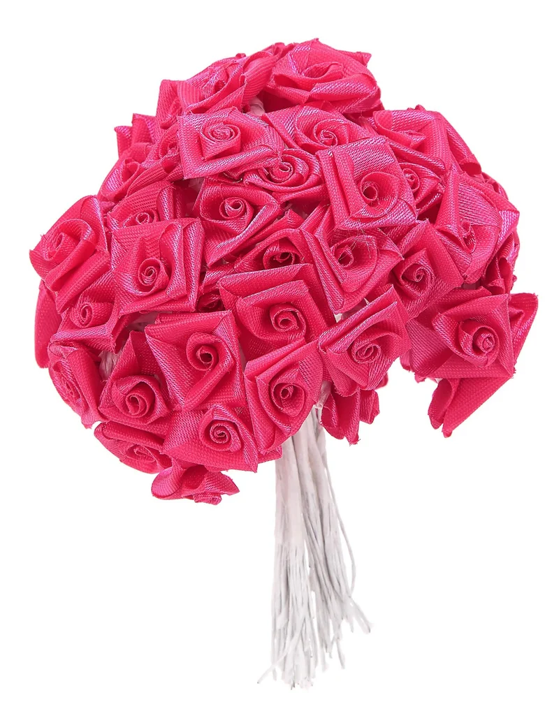 48 Mini-Rosen aus Satin in Fuchsia 1 x 8 cm am Stiel für Hochzeiten