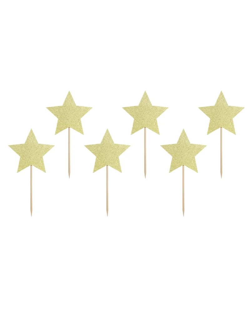 6 Kuchenstecker aus Pappe, goldglitzernde Sterne, 11,5 cm, für Torten
