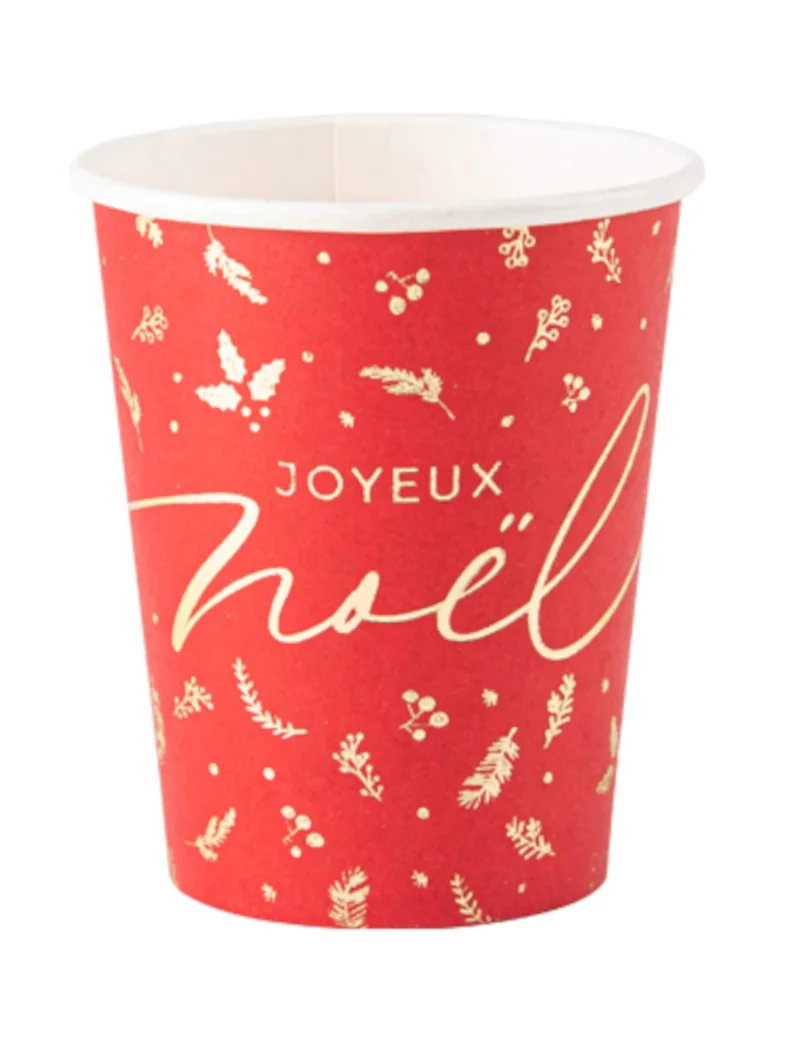 8 rote und goldene Holly Christmas Becher 255 ml aus Karton frohe Weihnachten