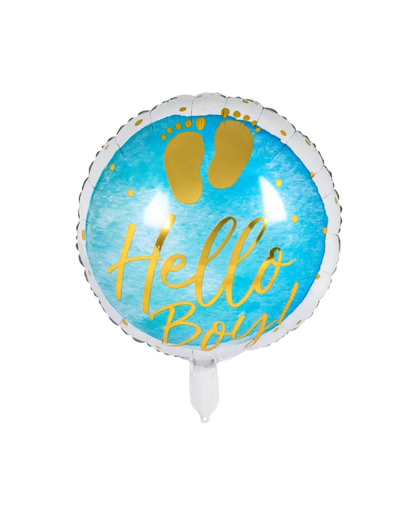 Ballon aus Aluminium "Hello Boy" blau-gold 45 cm für Babyparty