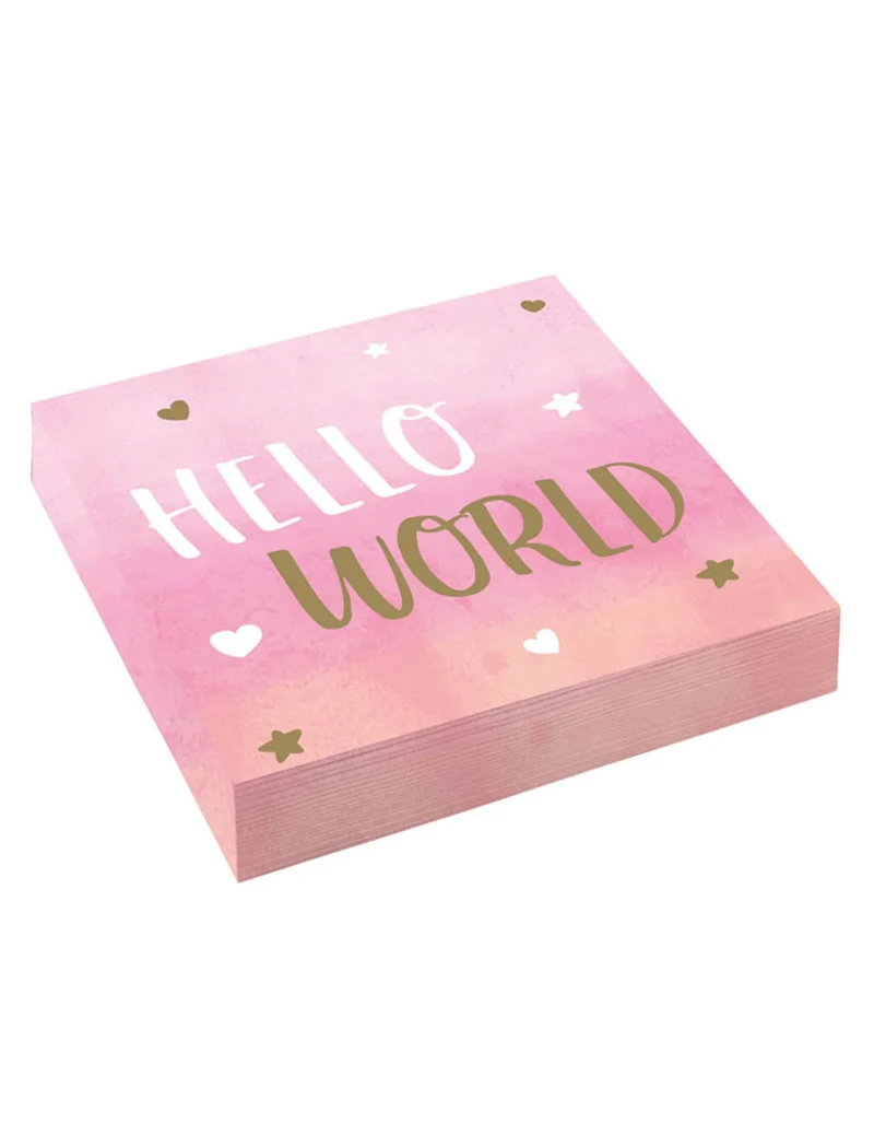 16 Hello World Servietten aus Papier rosa und gold 33 x 33 cm für Babyparty