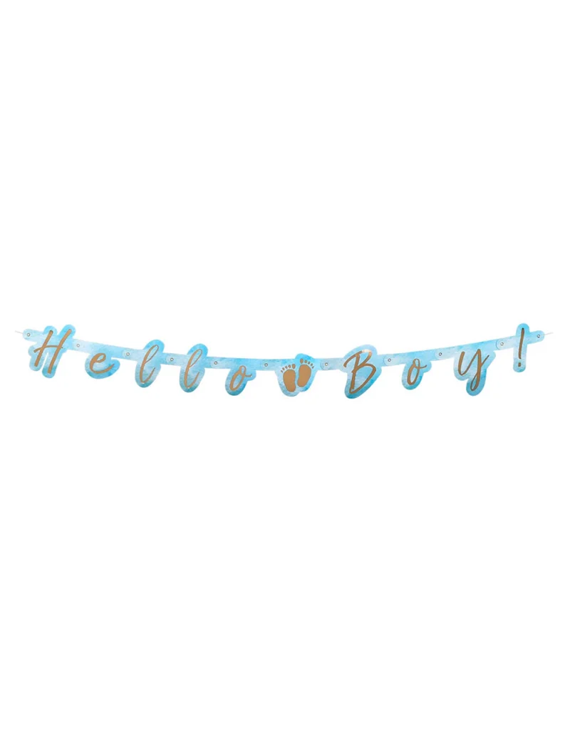 Buchstaben Girlande "Hello Boy" aus Pappe, blau und gold, 140 cm für Baby Shower