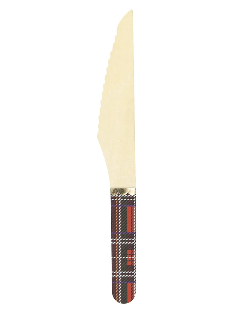 8 weihnachtliche Holzmesser im Tartan-Design, 16 cm, mit goldener Borte