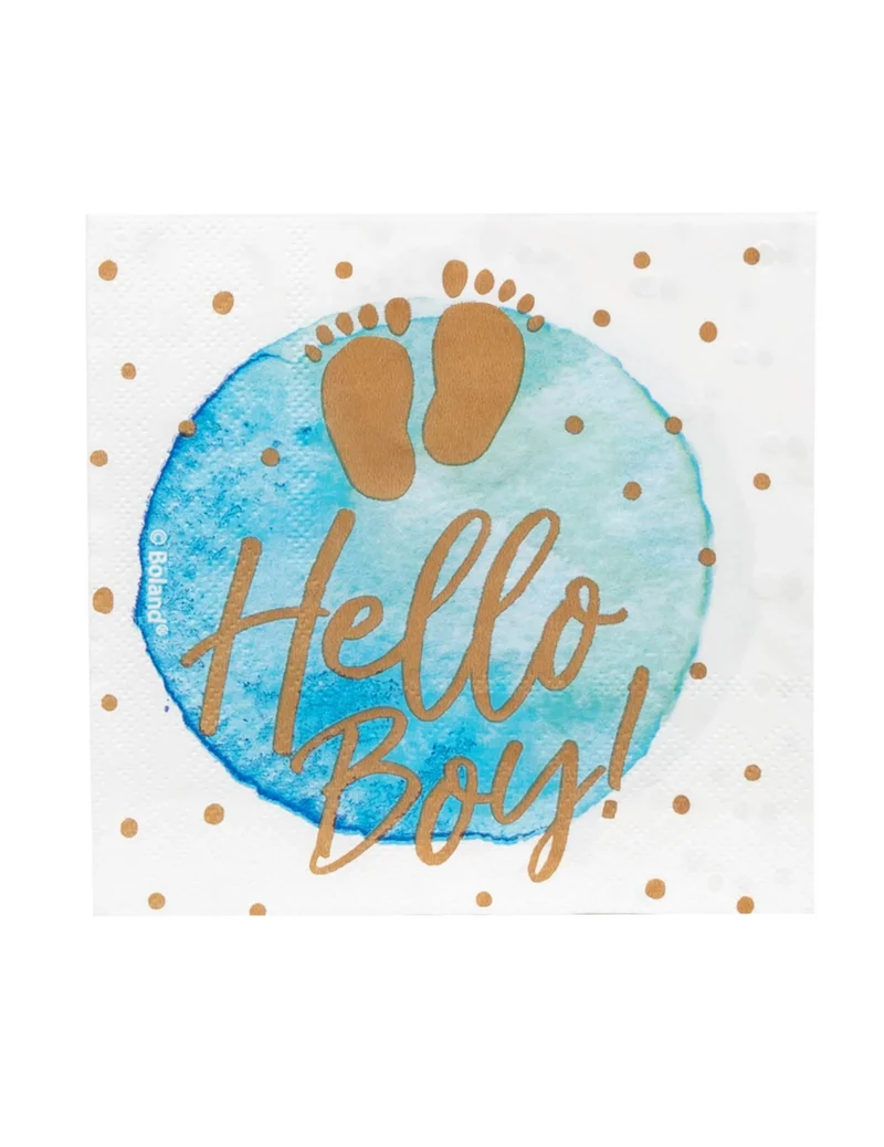 20 Hello Boy Papier-Servietten blau und gold 33 x 33 cm Babyparty