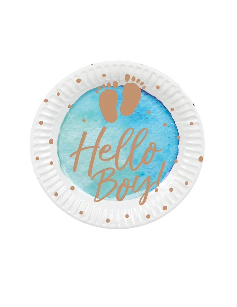 10 Pappteller Hello Boy Blau Gold 23 cm Baby Shower