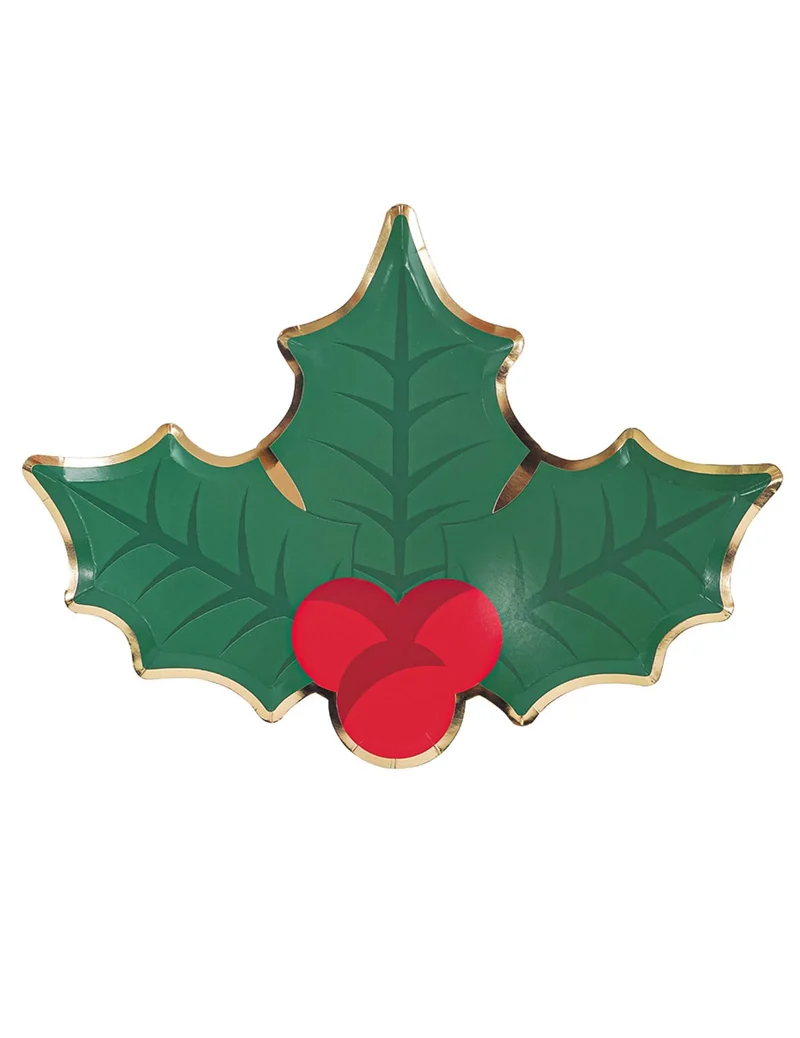 8 Pappteller Weihnachts-Stechpalme 23 cm Blattform