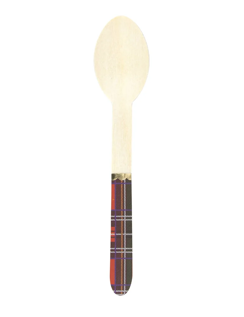 8 kleine Holzlöffel, Weihnachtstartan, 16 cm, mit goldener Borte