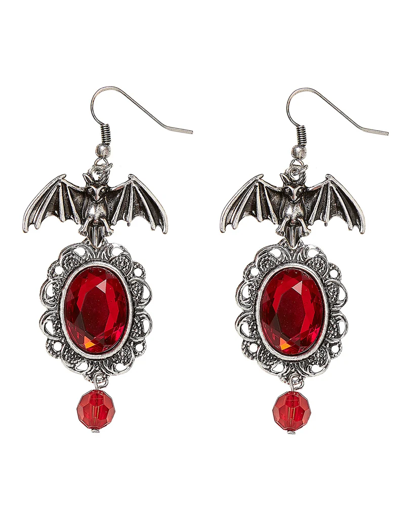 Rote Kostüm Ohrringe mit Fledermaus Motiv