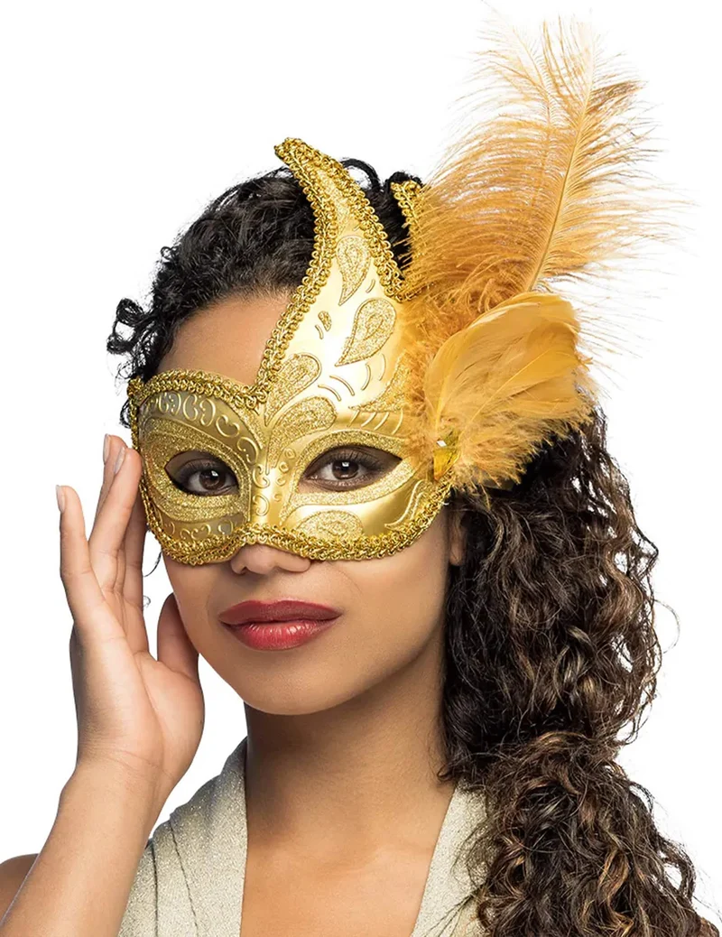 Goldene Augenmaske mit Federn für Erwachsene