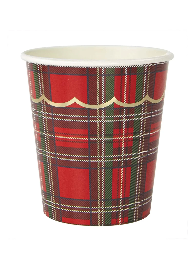 8 Weihnachts-Tartanbecher 200 ml aus rotem Karton