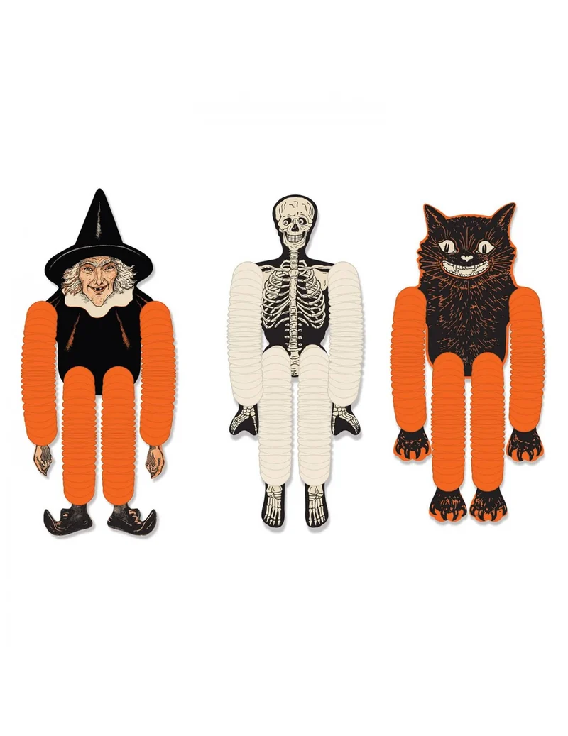 3 Halloween-Hängepuppen aus Papier 35 cm Hexe Skelett