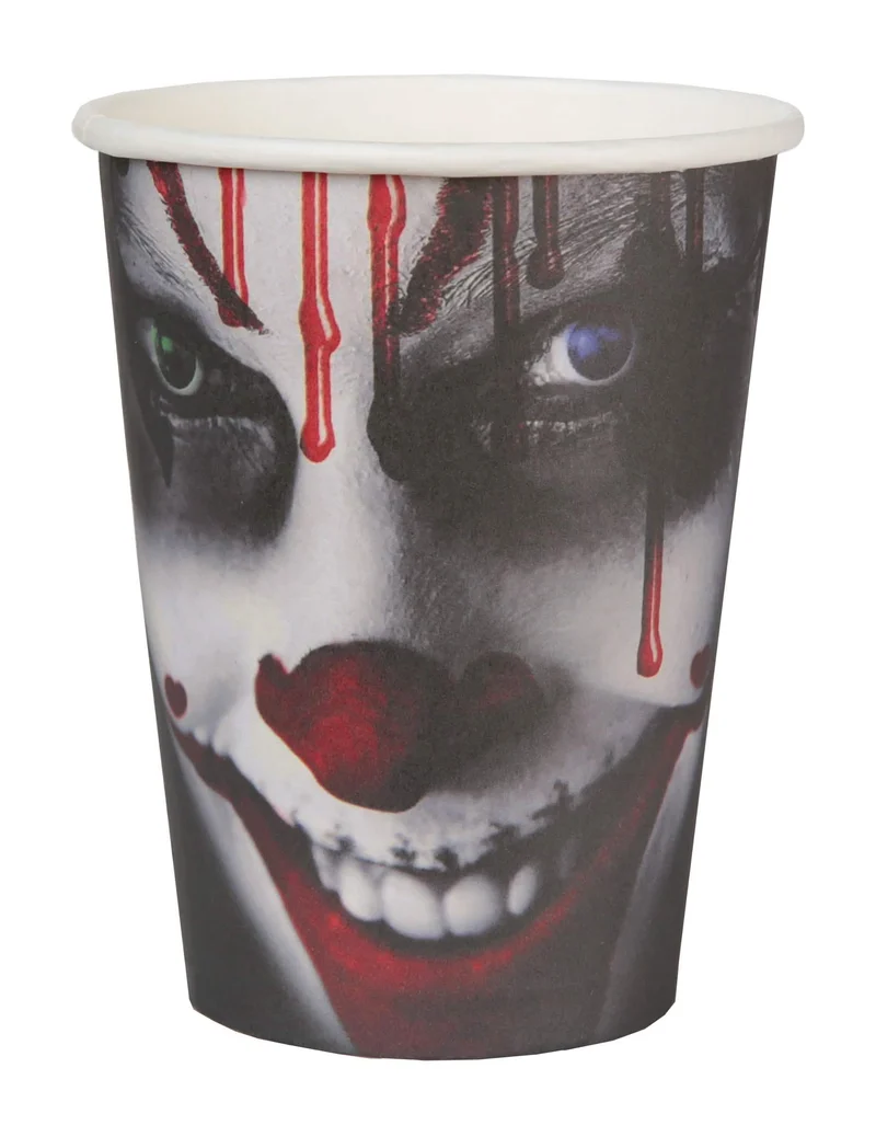 10 schwarze Happy Halloween Pappbecher 7,8 x 9,7 cm gruselige Clown-Deko