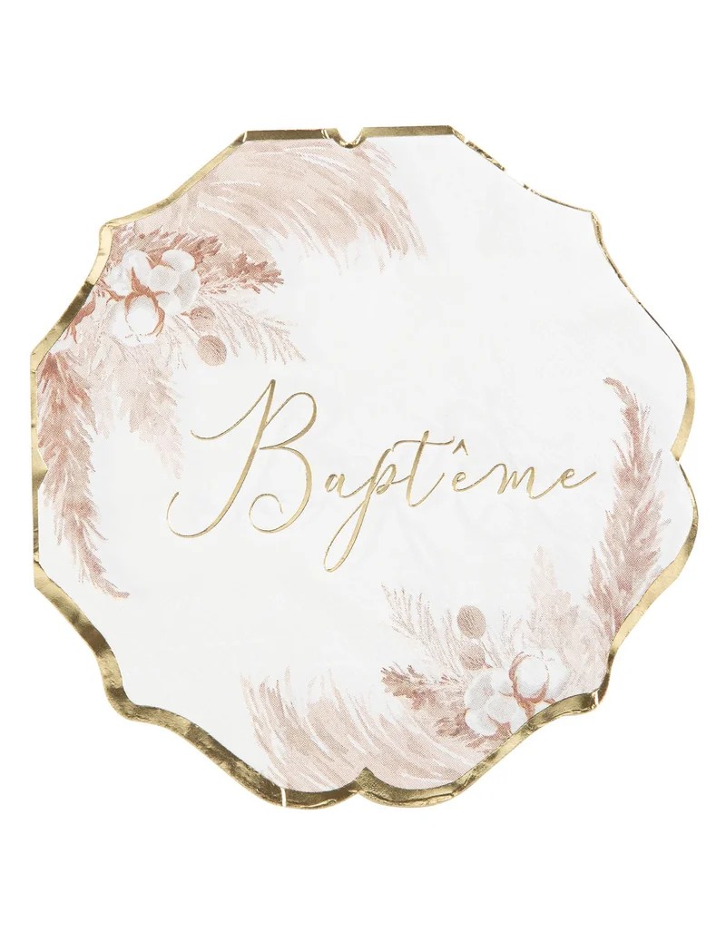 16 goldene Papierservietten Taufe Pampas und Baumwollblumen 32 x 32 cm