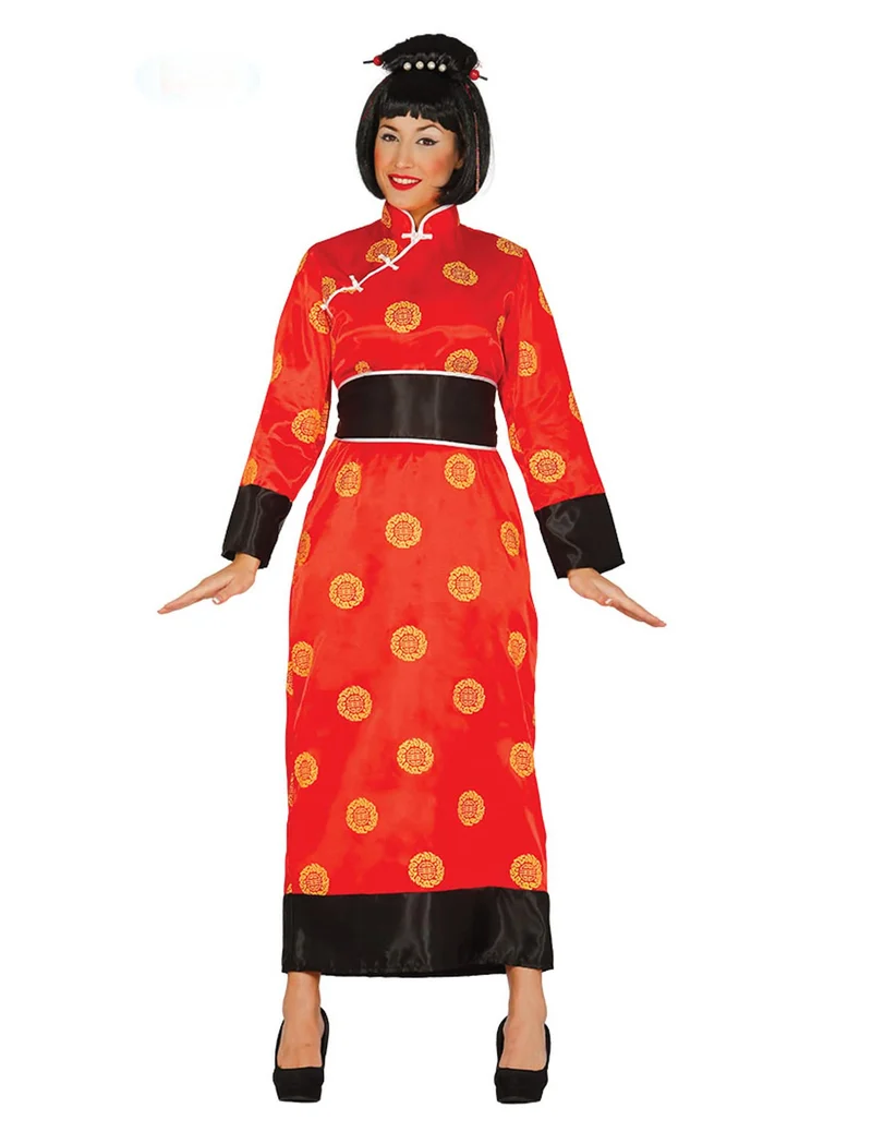 Kimono-Damenkostüm für Karneval fernöstliche-Verkleidung rot-schwarz-gelb