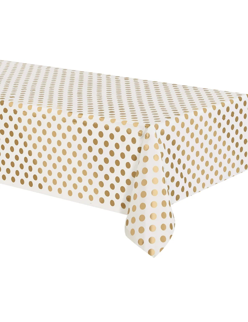 Weiße Plastiktischdecke mit goldenen Punkten 137 x 274 cm für Party und Geburtstag