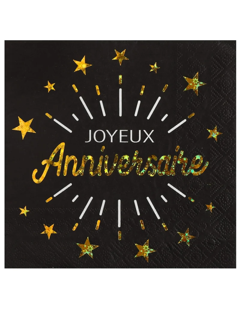 10 Papierservietten Happy Birthday Schwarz Gold 33 x 33 cm mit Sternen