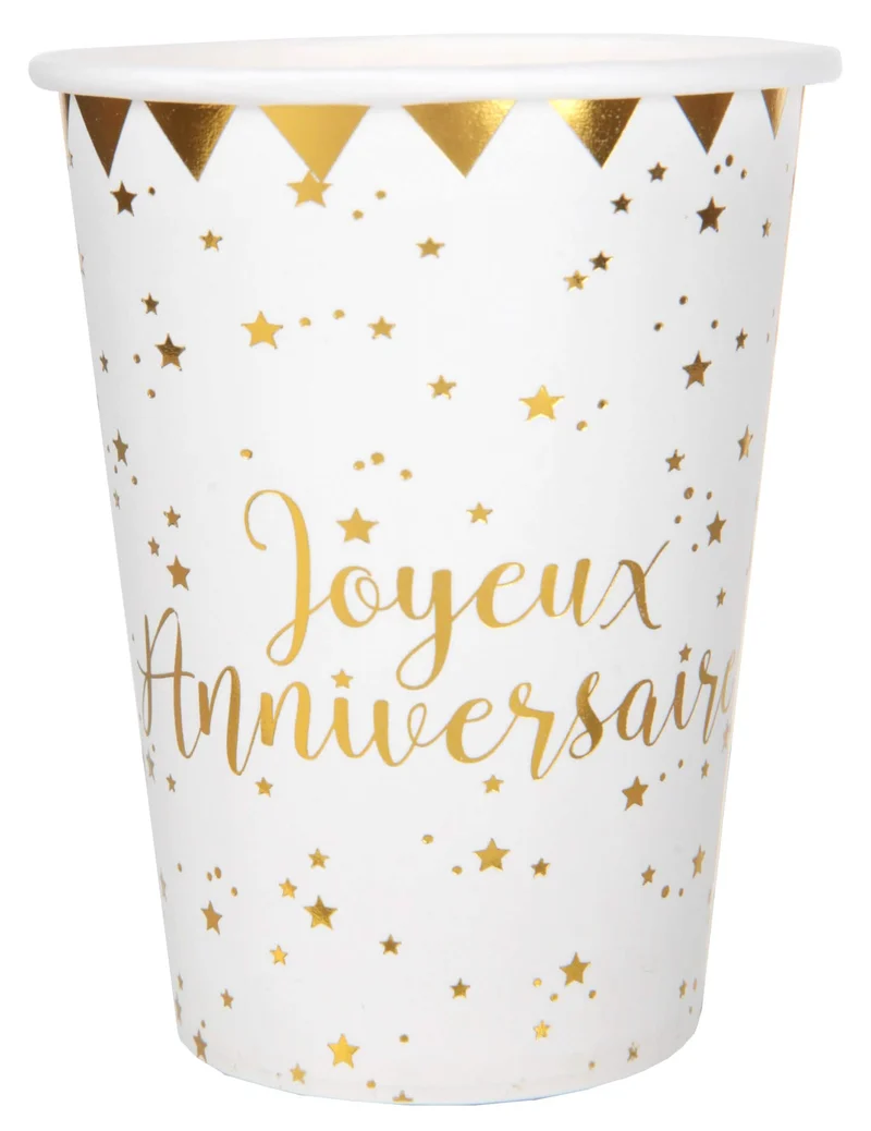 10 Metallisierte Weiß-Goldene Happy Birthday Pappbecher 7,8 x 9,7 cm Sterne